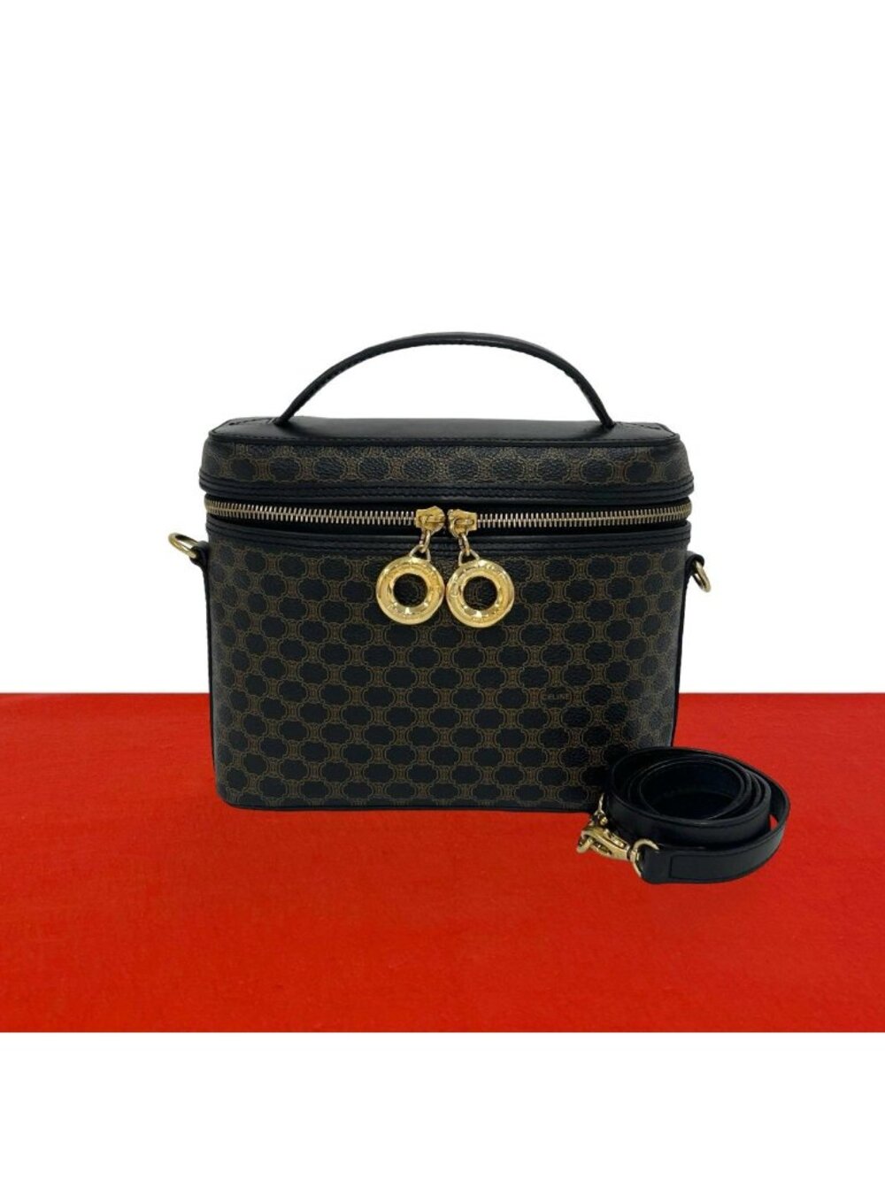 Celine Vintage Macadam Blason Pattern Leather 2-Way Vanity Shoulder Bag Black